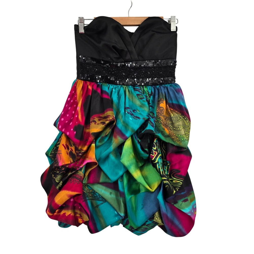 Speechless Womens Y2K Strapless Bubble Dress Sequin Waist Multicolor Satin‎ 7